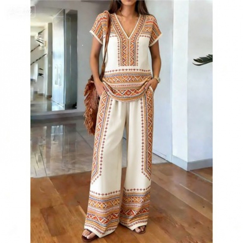 Tie-Dye Printed Cotton and Linen Shirt and Wide-Leg Pants Two-Piece Set Bohemian Style Vacation Casual Outfit for Women
