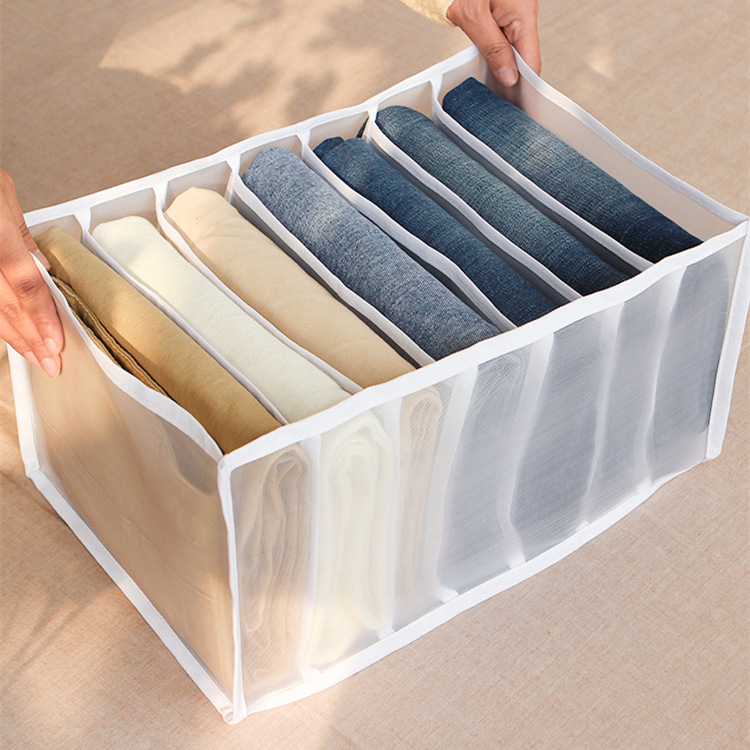 Jeans organizer box for closet, clothing drawer net separator, pants stacking storage solution, washable