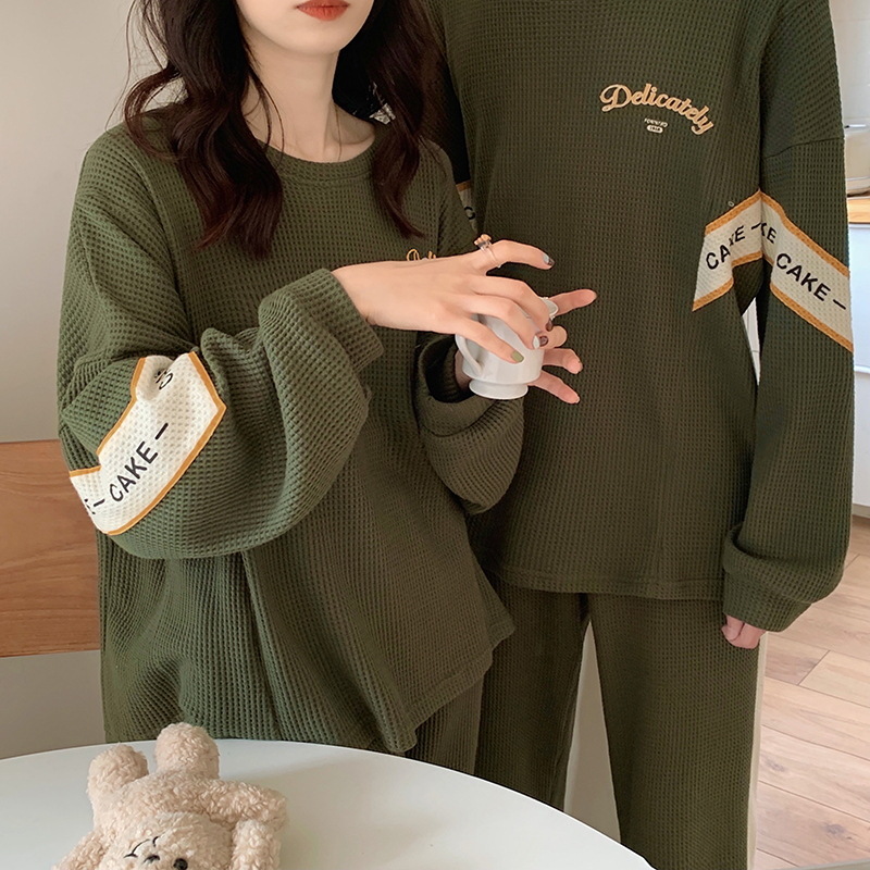 Pareja Pijamas Mujer primavera y otoño waffle manga larga coreano dulce casual hombres y mujeres más tamaño homewear traje