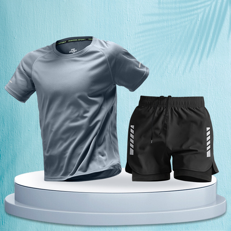 ランニングメンズスポーツスーツマラソンプロ夏半袖ショーツ機器速乾性トレーニングフィットネス服|undefined