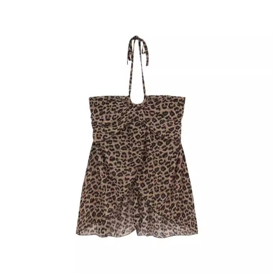 Printed Leopard-Print Halter Camisole Women's Summer Vintage Pleated Waistline Ruffled Backless Pure Spice Top
