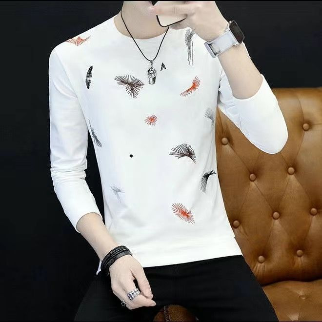 023 printed new spring and autumn round neck long-sleeved T-shirt men's white top clothes Korean style slim bottoming shirt trendy men's clothing