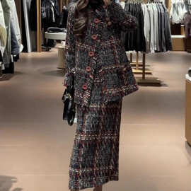 大码女装小香风毛呢外套半身裙两件套胖mm网红粗花毛呢西装套装裙