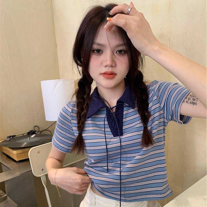 Contrasting Color Polo Collar Striped T-shirt Women's Summer Retro American Hot Girl Slim Short Front Shoulder Thin Short-sleeved Top