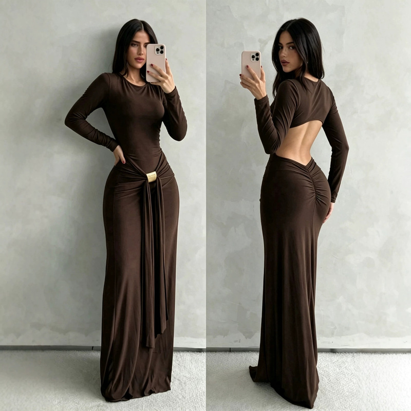 European and American foreign trade women's long-sleeve backless dress with metal buckle straps, pleated, slim-fitting, bodycon, sexy dress European and American foreign trade women's long-sleeve backless dress with metal buckle straps, pleated, slim-fitting, bodycon, sexy dress