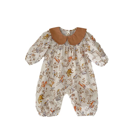 Spring 2024 INS Baby Bodysuit for Boys and Girls, Korean Style Printed Long Sleeve Climbing Reverse Collar Pull-on Pajama with Diaper Belt