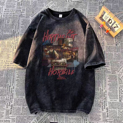 American heavy-duty pure cotton washed distressed short-sleeve T-shirt for men, summer loose half-sleeve high street T-shirt base shirt trendy brand