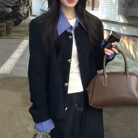 韩系假两件拼接翻领小香风外套女秋季新款宽松休闲短款夹克上衣潮