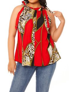 Large Size Camisole Women's Summer 2023 Leopard Print Paisley Knot Shoulder Sleeveless Red Lace-Up Shirt