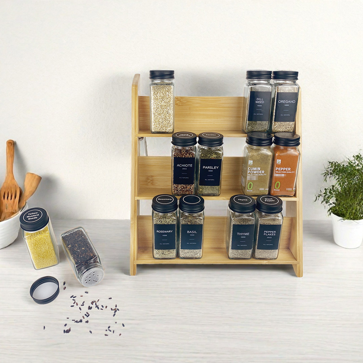 Bamboo kitchen seasoning rack three-layer storage rack seasoning seasoning multi-functional storage storage rack seasoning rack bracket