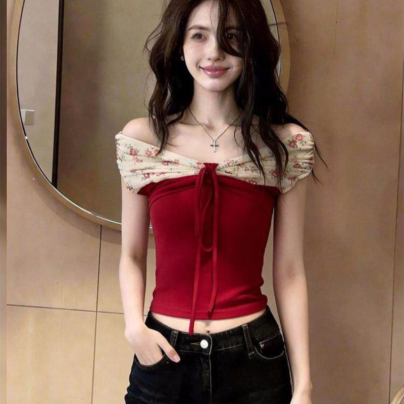 Retro Sexy One-Shoulder Floral Patchwork Tie-Up Top for Women, Summer Design, Slim-Fit, Short T-Shirt, Trendy Retro Sexy One-Shoulder Floral Patchwork Tie-Up Top for Women, Summer Design, Slim-Fit, Short T-Shirt, Trendy