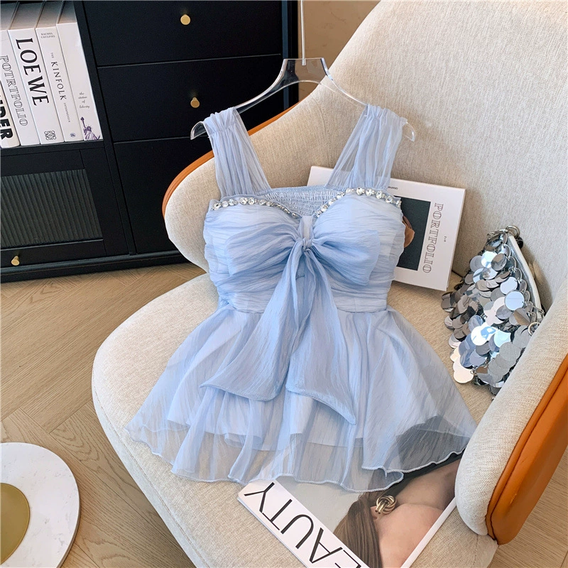 Настоящая фотография в стиле чистой страсти, сексуальная пышная майка без рукавов с открытой спиной, топ-труба со стразами и топ с бантом для похудения