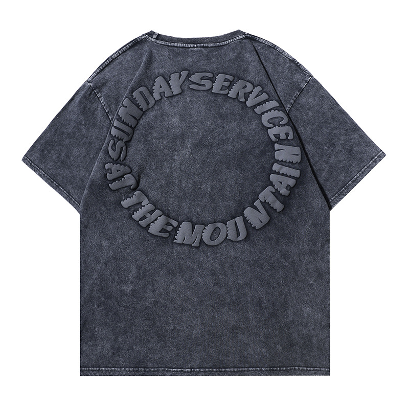 Nueva High Street Inglés de espuma impresa de manga corta Camiseta de los hombres y las mujeres de la marca de moda 270g de algodón suelto lavado apenado superior