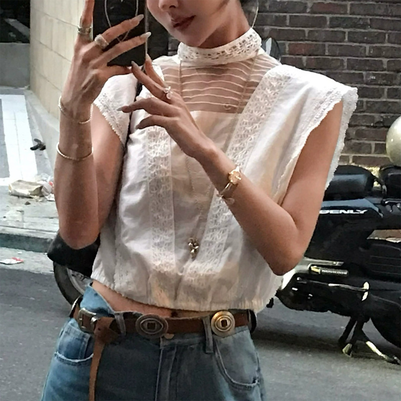 Classic 90S Heavy-Duty Linen-Cotton French-Style Lace Patchwork Shirt