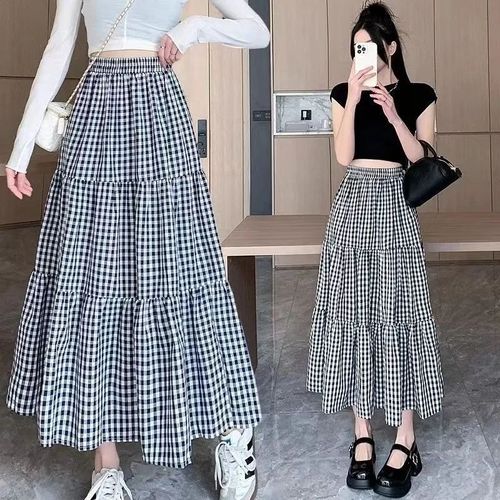 Puzzle cake skirt 2025 women's summer elastic slimming niche loose retro high-waisted half-length checkered dress