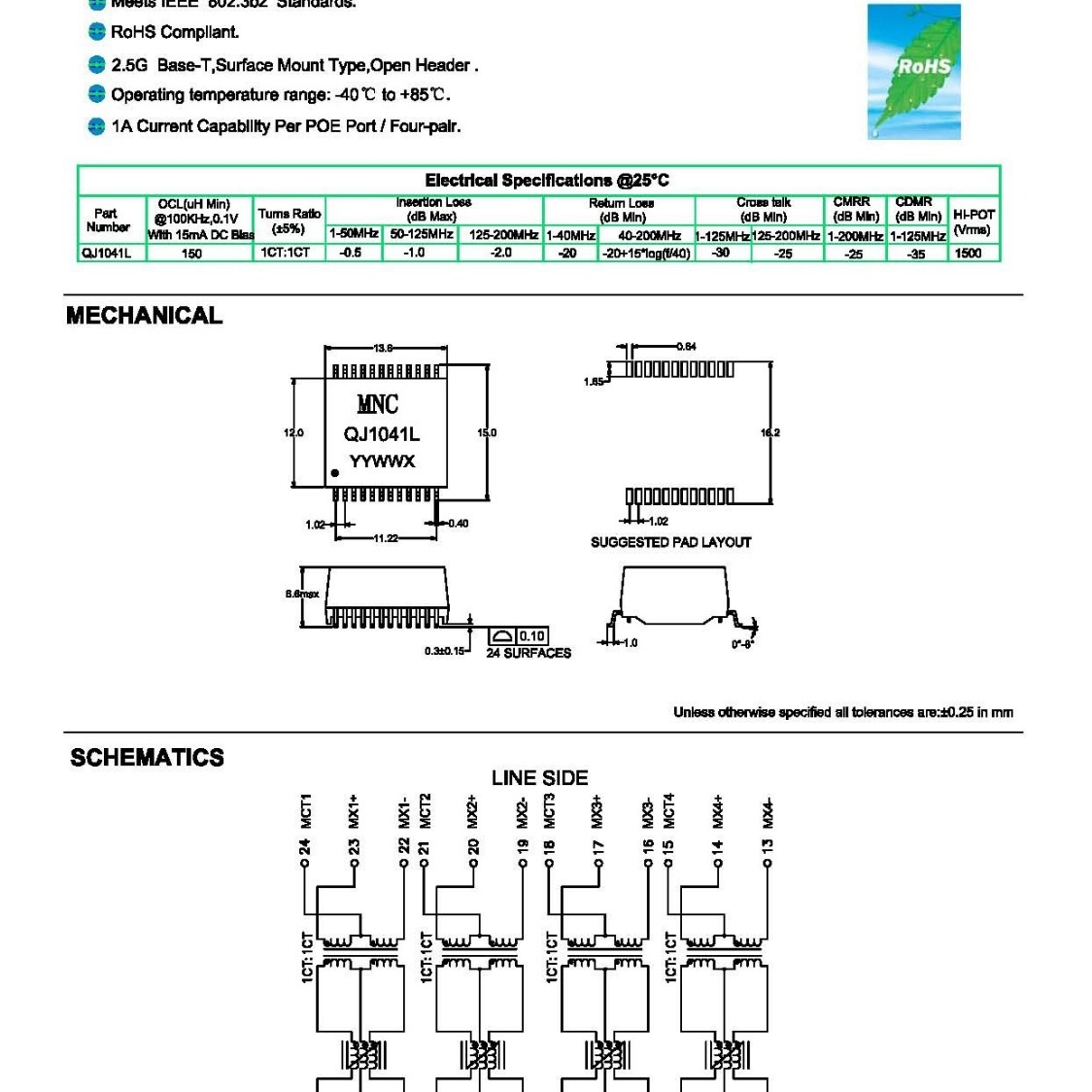 QJ2011J 以太网络变压器LAN Transformers 2.5G Base-T