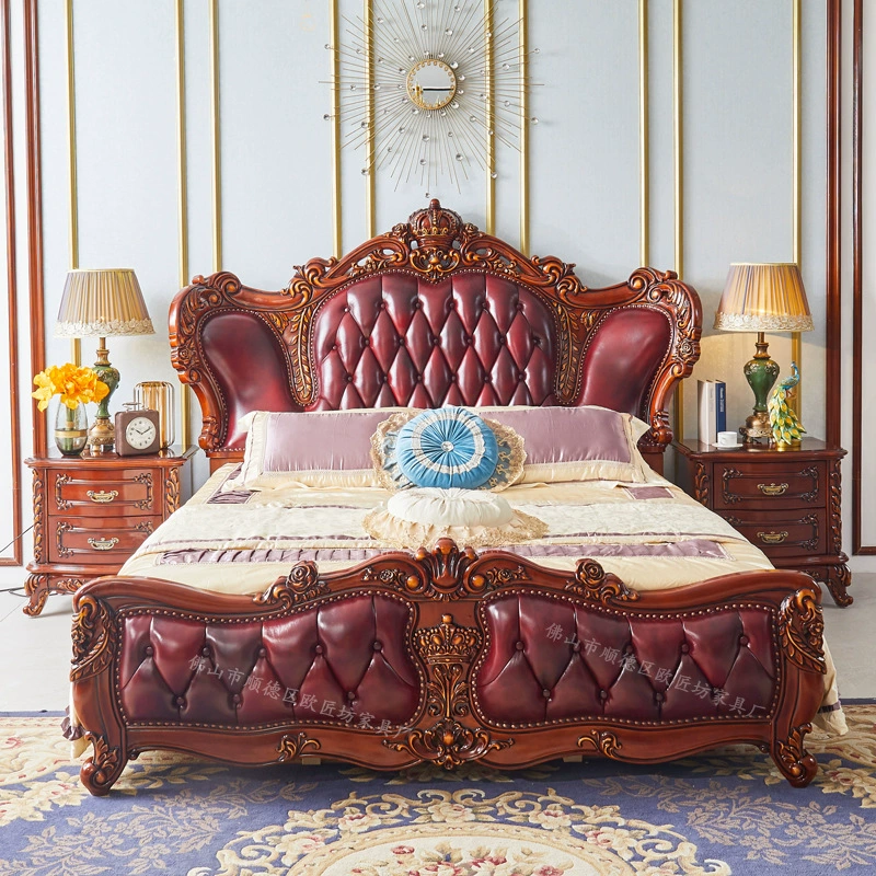 Кожаная двуспальная кровать в европейском стиле, кровать принцессы, свадебная кровать 1.8m года, двуспальная кровать для главной спальни, прикроватная тумбочка из цельного дерева 2m года, четырехдверный шкаф