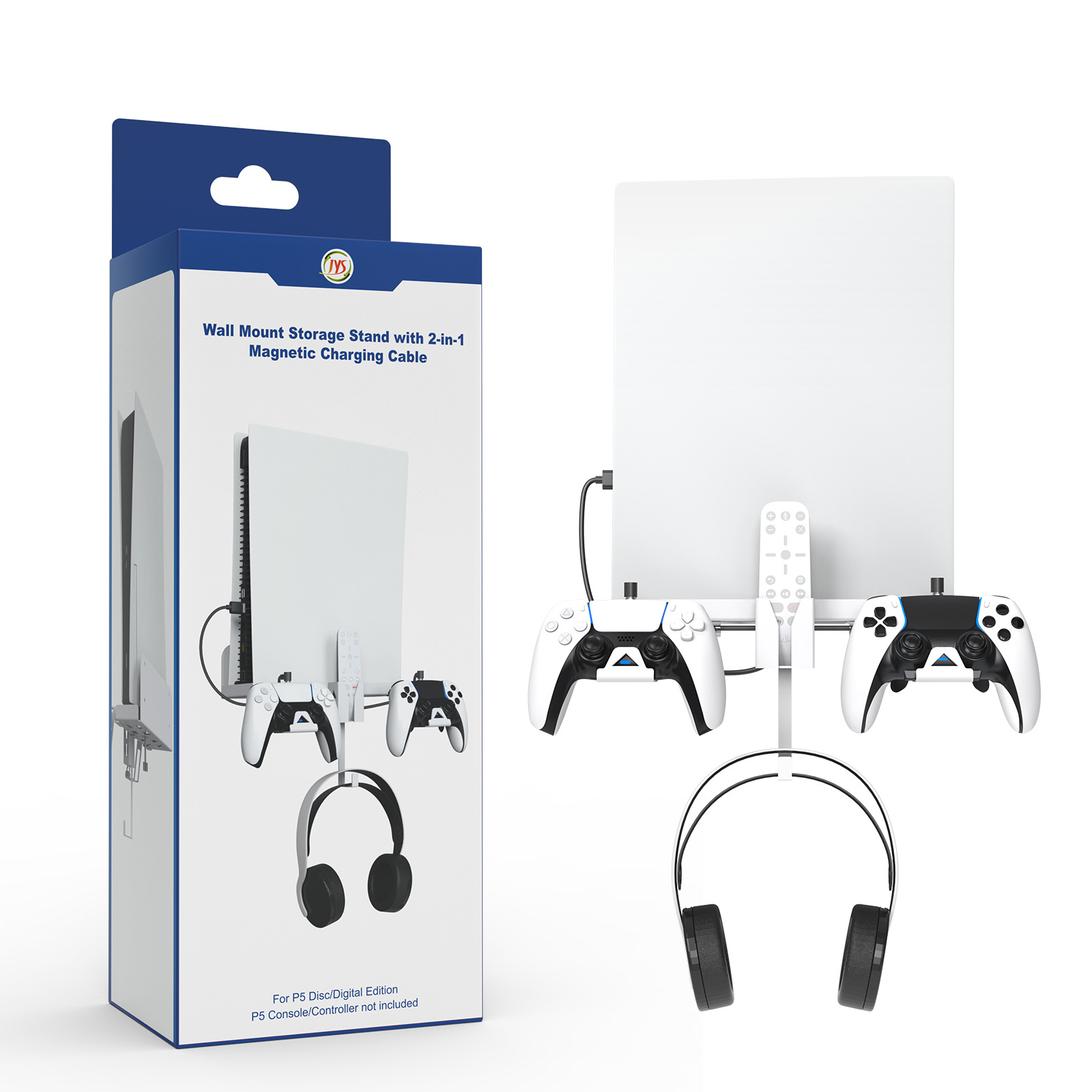 Soporte de pared para consola PS5 compatible con consola PS5 con asa, cable de carga y accesorios de juego.