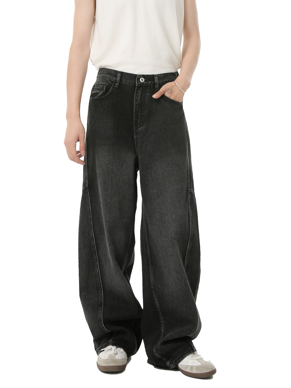 MTLCLOTHES para hombre | American Four Seasons Costuras Deconstruidas Pantalones de mezclilla gris negro sueltos de pierna ancha Tren casual