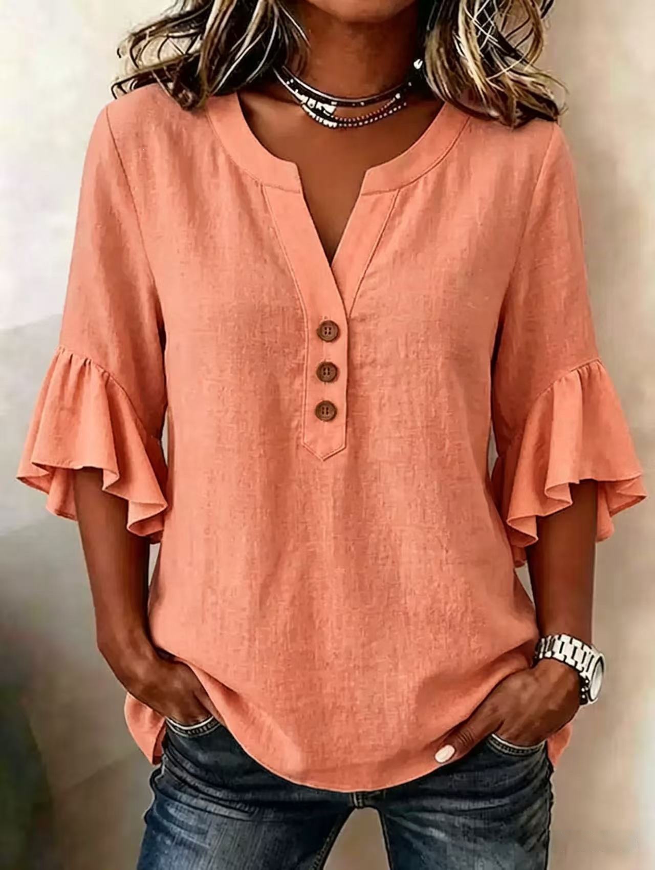 Women's Clothing Women's Solid Color V Neck Top Three Quarter Sleeve Ruffled Casual Cotton And Linen Blend For Formal & Casual For Women_ecoleips.com