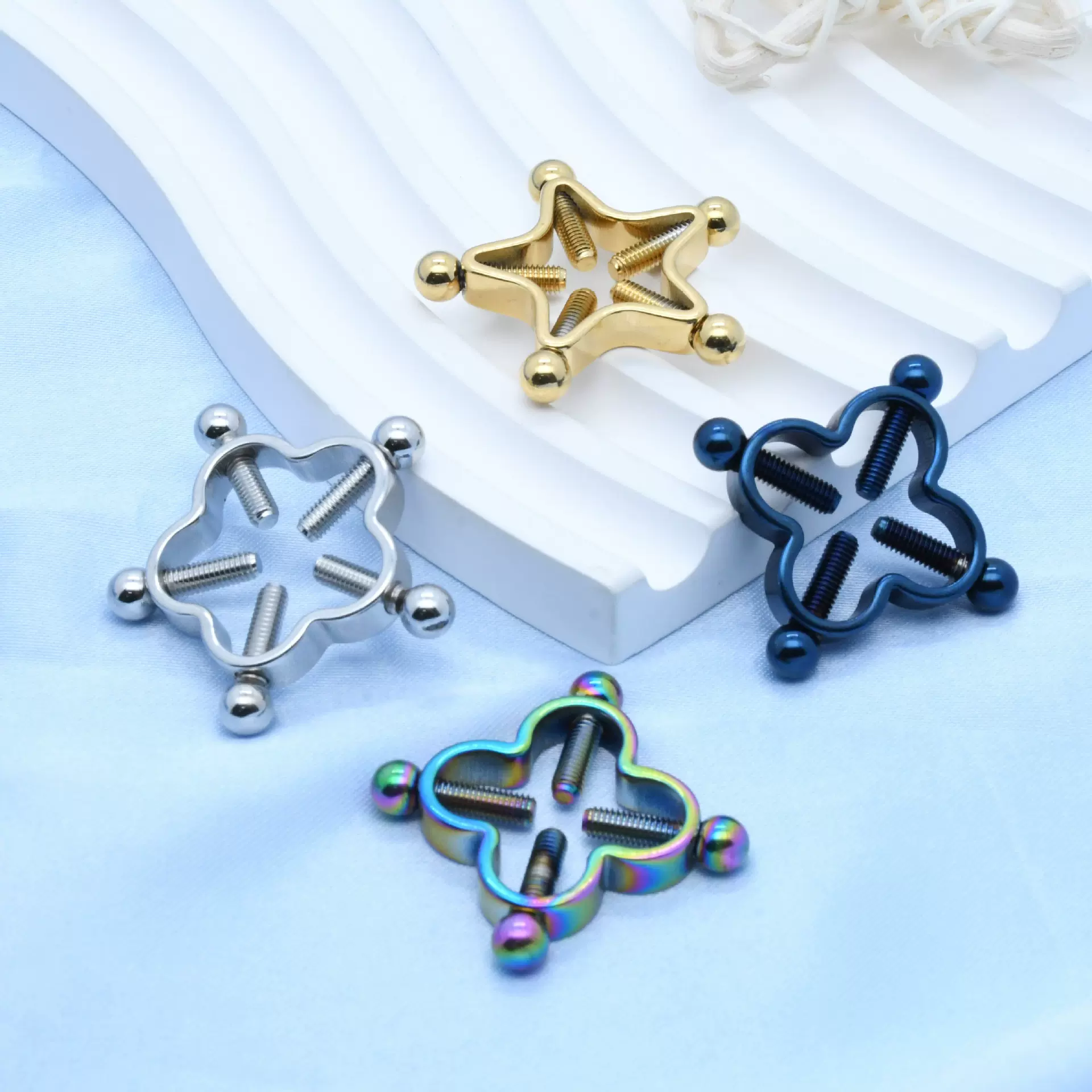 新款 不锈钢四叶草螺丝可调节乳环 五角星花朵乳头夹穿刺饰品批发