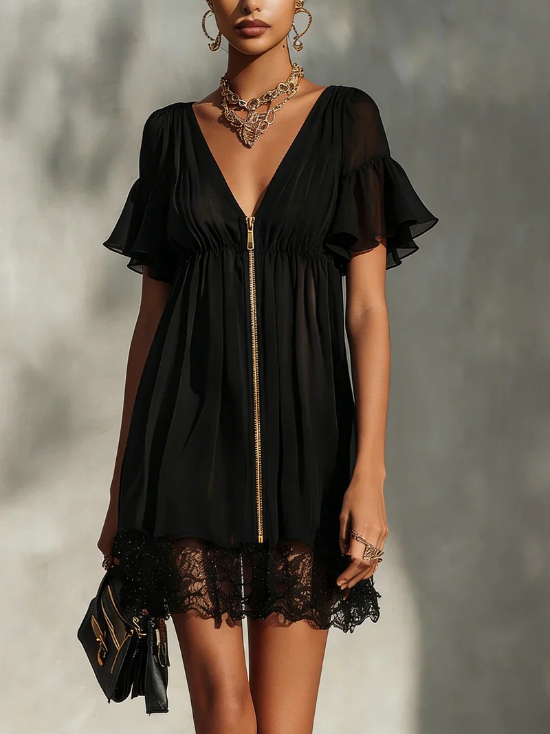 2026 European and American Women's Fashion Amazon Independent Site V-Neck Short-Sleeve Zipper Bell-Sleeve Lace Solid Color Dress