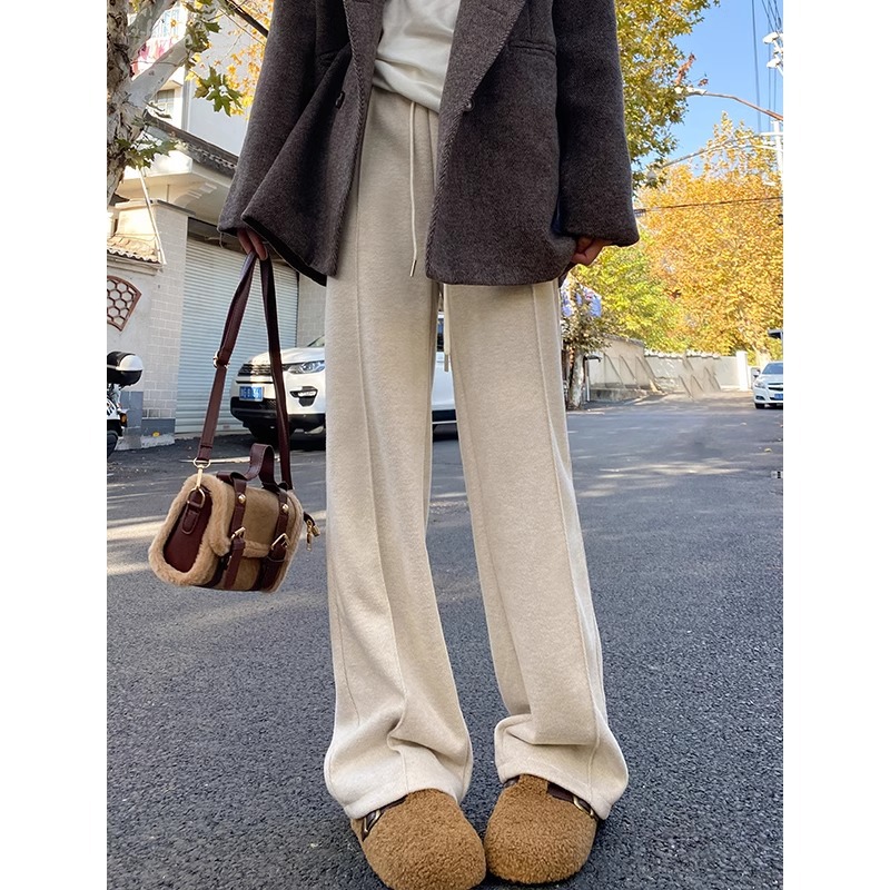 Pantalones de piernas anchas de lana blanca de arroz para mujeres otoño y invierno 2024 cintura alta casual pantalones rectos y estrechos pantalones de traje de herringbone