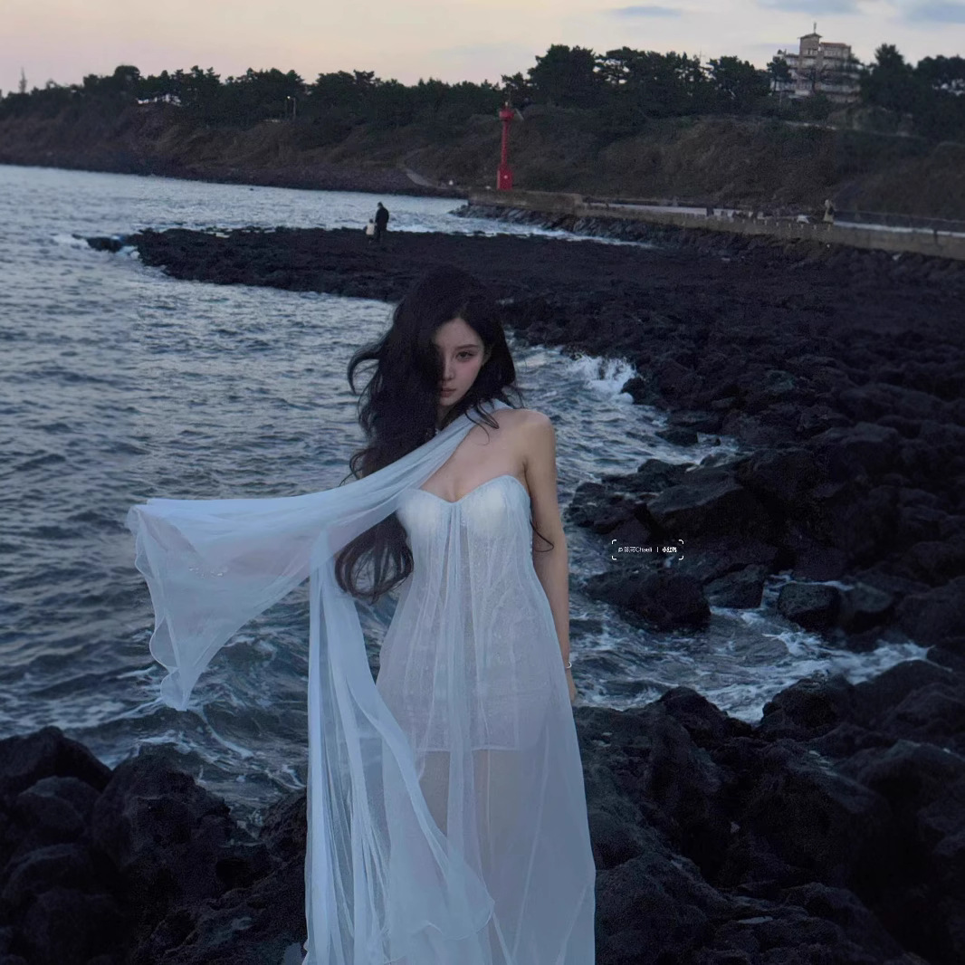 French Style High-end Style Strap Perspective Mesh Stitching Tube Top dress Women's Holiday Style Birthday Banquet Evening Dress