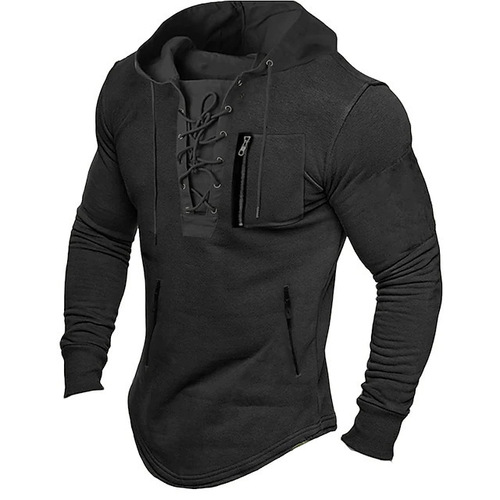 Men's Spring and Autumn Hooded Sweatshirt Solid Color with Zipper Pockets Sport Streetwear Gold-Plated Sport Shirt