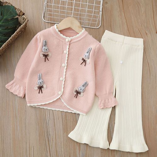 Children's sweater set of two pieces, knitted set,  autumn and winter new cartoon rabbit girl sweet knit sweater