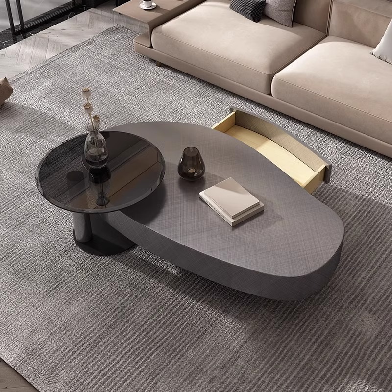 Italiano Oval de gama alta minimalista mesa de café de mango sala de estar hogar pequeño apartamento moderno minimalista de acero inoxidable con cajón