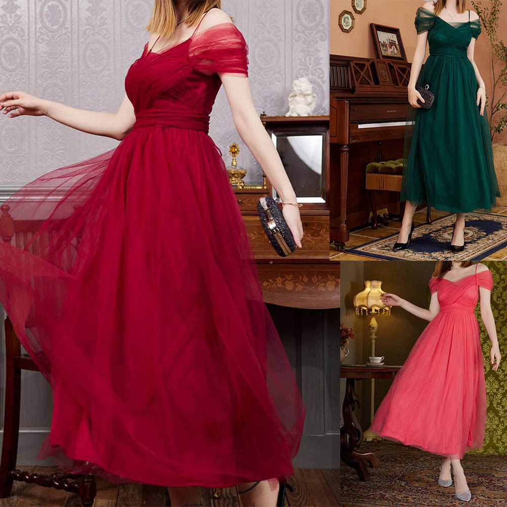Primavera y verano europeo y americano Comercio exterior nueva malla ropa de mujer vestido sexy fuera del cuello Correa encaje-arriba boda Vestido de dama de honor