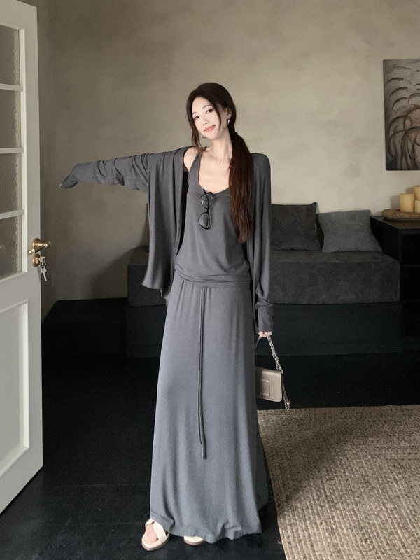 大码女装长袖开衫女2025早秋薄款慵懒风上衣+背心+半身裙三件套装|undefined