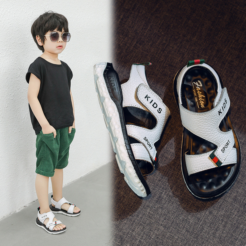 2026 Summer New Korean Style Fashionable Velcro Boys' Sandals Soft Sole Cowhide Casual Little Boys' Beach Shoes