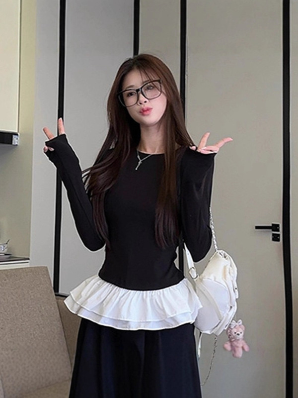 秋季新款纯欲风辣妹棉长袖正肩t恤女修身显瘦百搭设计感女打底衫|undefined