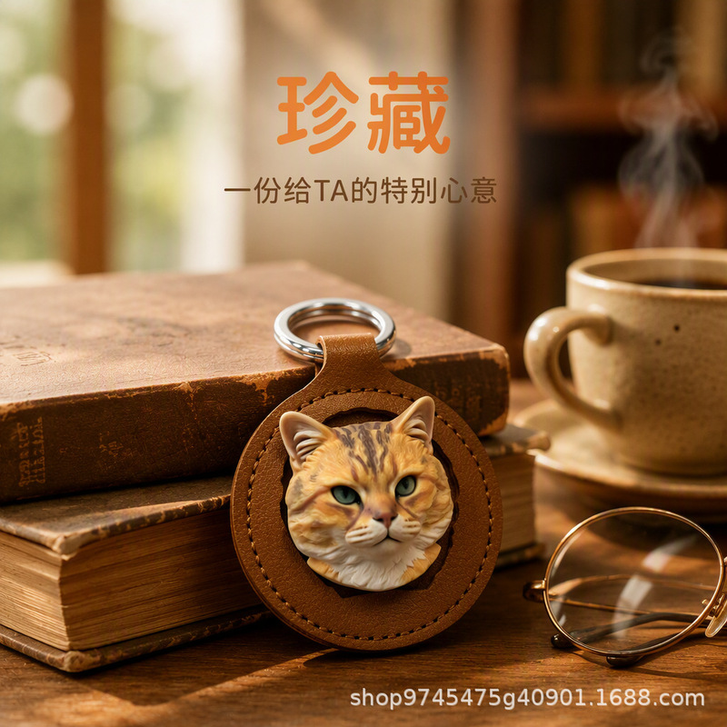 Pet leather backpack tag with pet portrait leather keychain