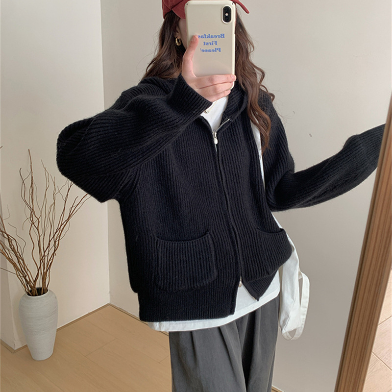 欧洲站纯色连帽拉链毛衣外套女秋冬新款宽松慵懒风软糯厚针织开衫|undefined