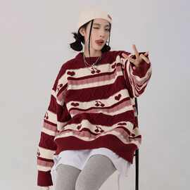 红色樱桃秋冬宽松休闲复古毛衣女