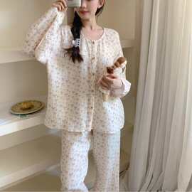 韩国ins女士秋季新品韩系双层加厚棉纱粉色蝴蝶结家居服睡衣套装