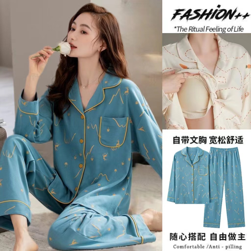 Pijama de algodón con cojín de pecho para damas de mangas largas de dos piezas, primavera y otoño, ropa para el hogar de invierno se puede usar.