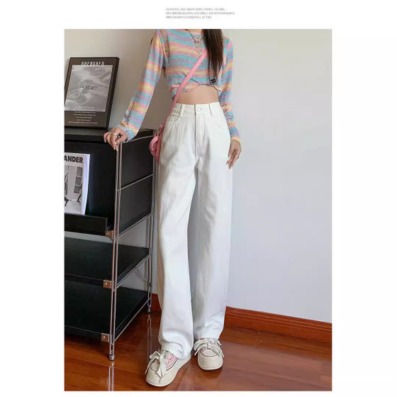 White High Waist Wide Leg Jeans Women's 2024 Summer New Arrival Loose Slim-fit Trendy Pants