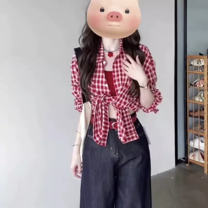 韩系复古红色格子衬衫外套女夏季新款松弛感休闲衬衣宽松防晒上衣|undefined