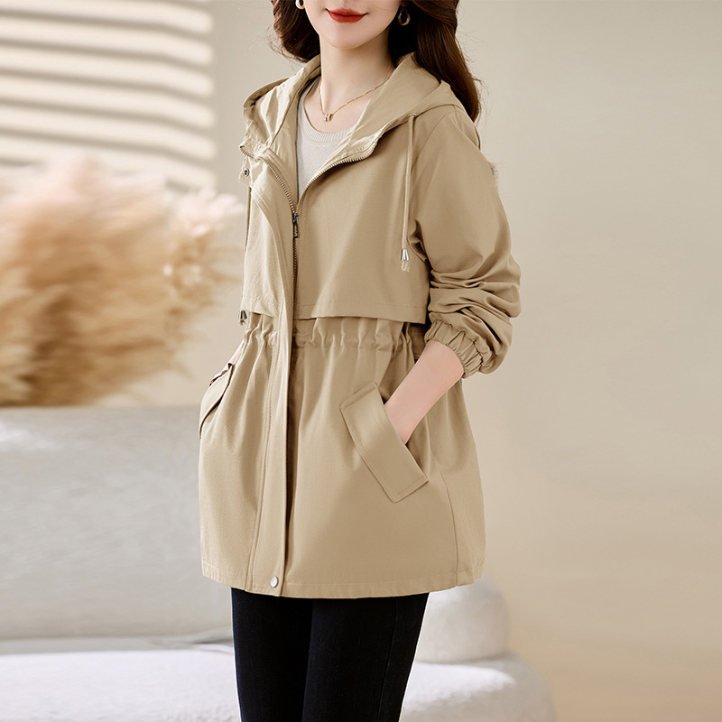 Hooded Mid-Length Windbreaker for Women, 2025 New Autum Style, Fashionable, Simple, Capable, Foreign Style, Age-Reducing and Versatile Jacket