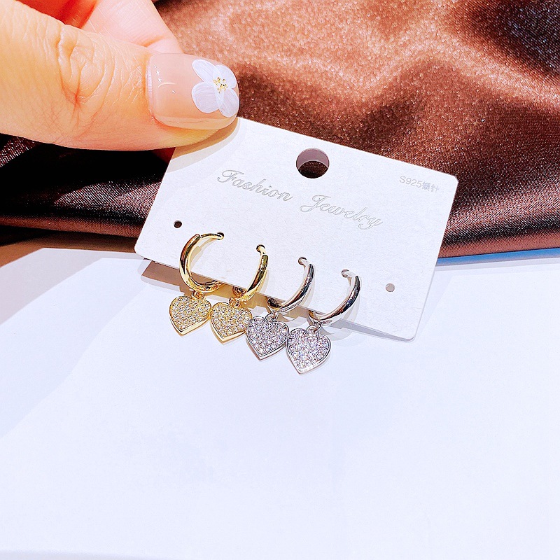 Fashion Heart Shaped Pendant Micro Inlaid Zircon Ear Clip Small Earrings