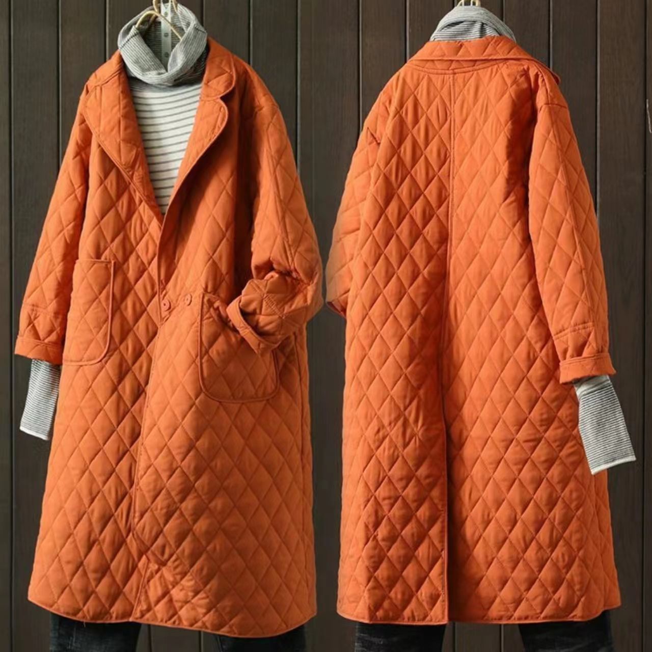 2025年秋冬复古棉衣大码女装外套宽松休闲中长款夹棉风衣菱格棉服