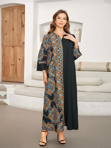 Cross-border real shot hot sale Muslim print splicing long dress elegant Middle Eastern long dress