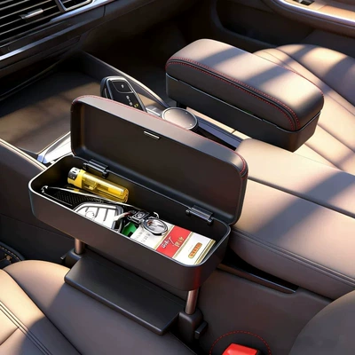 Car multi-functional armrest box pad, automatic retractable storage box, organizer, center console armrest box, extended elbow rest, and heightened design