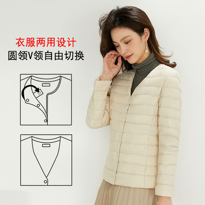 Nuevo chaqueta de plumón ligera para mujeres de invierno y otoño, chaqueta de cuello redondo de cuello en V, doble chaqueta corta grande y delgada
