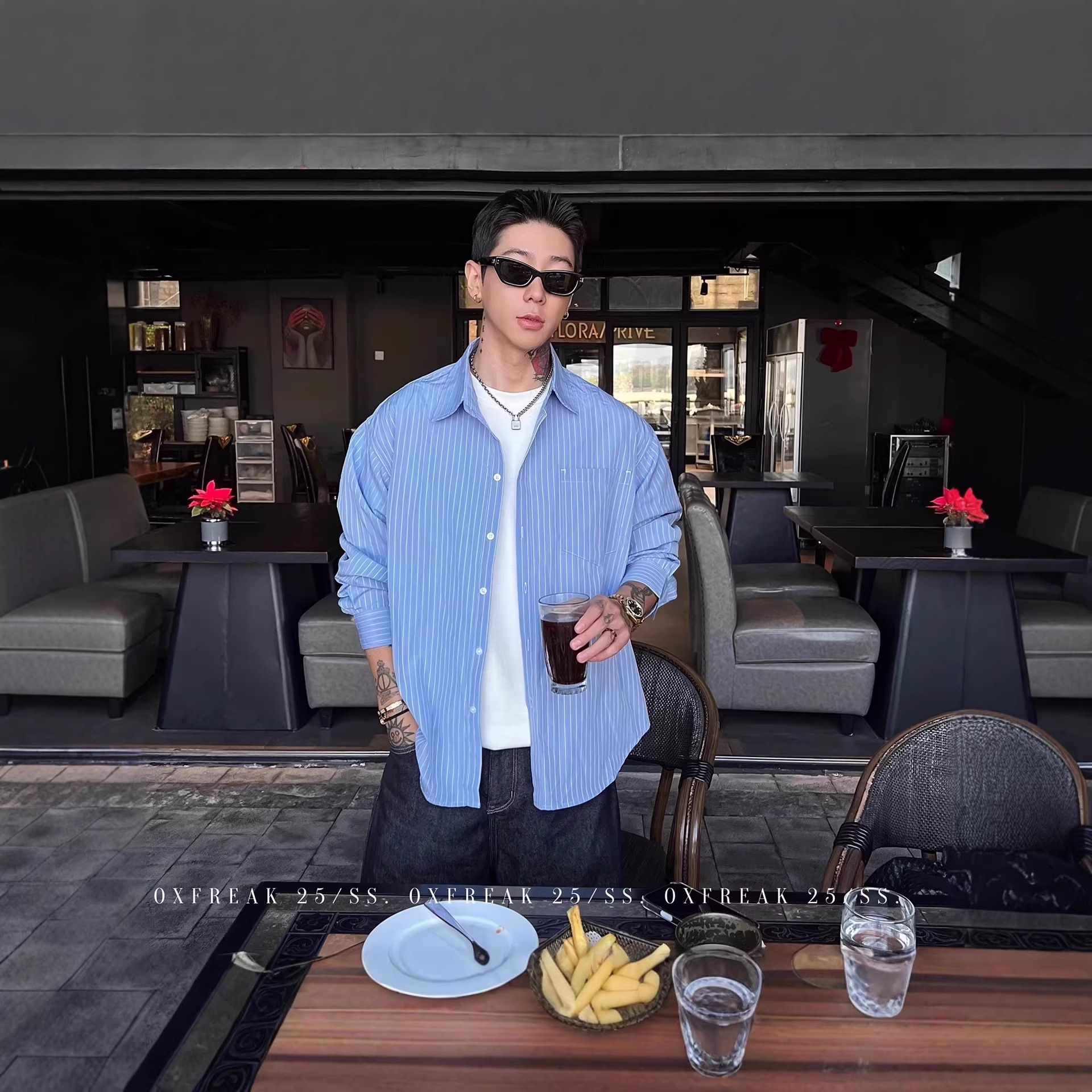 韩系条纹衬衫男美式复古单口袋长袖西服内搭打底衬衣休闲工装上衣