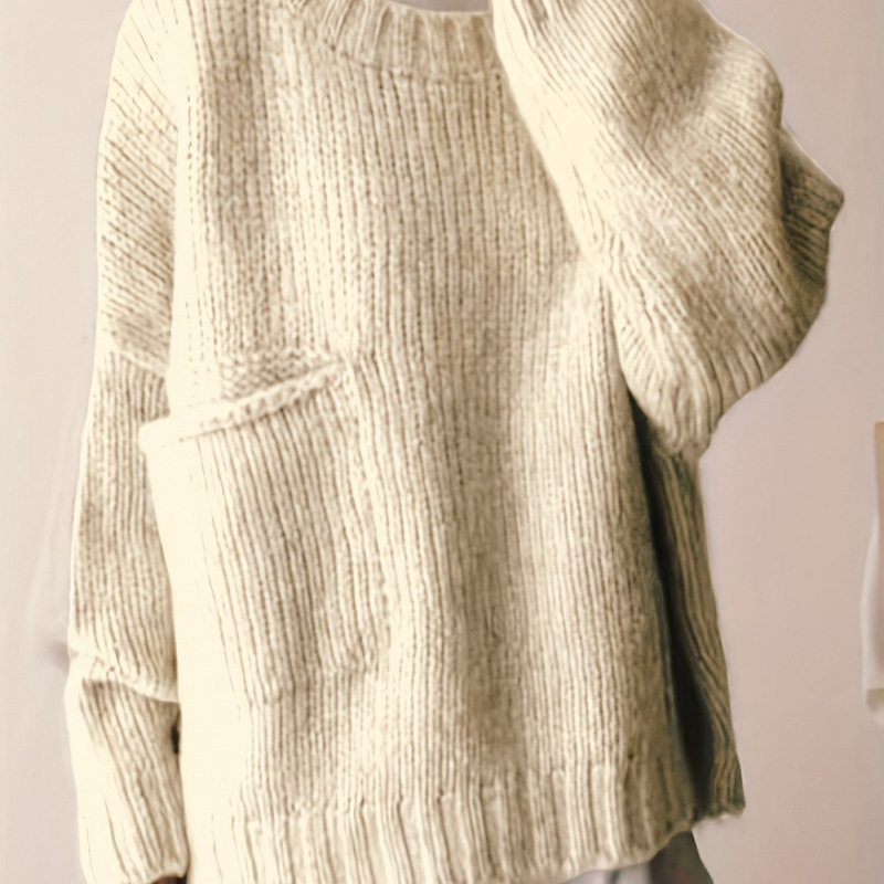 Plus Size Solid Pocket Crew Neck Sweater Casual Long Sle跨境|undefined
